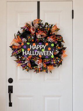 Happy Halloween Pumpkin Skeleton Plaid Black Deco Mesh Holiday Wreath Door Decor